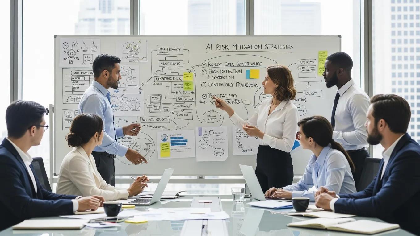 Team discussing AI risk management strategies in a corporate meeting