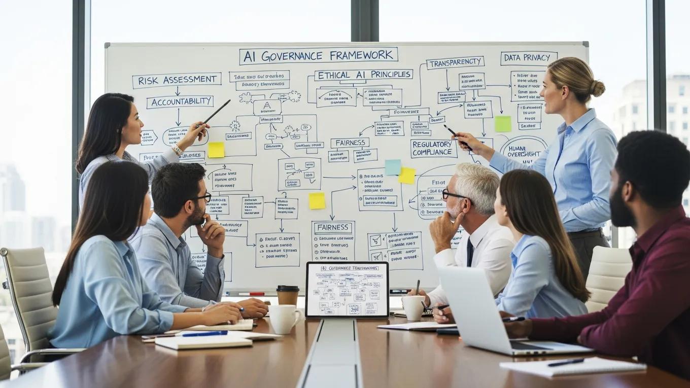 Team discussing best practices for AI governance in a strategy meeting