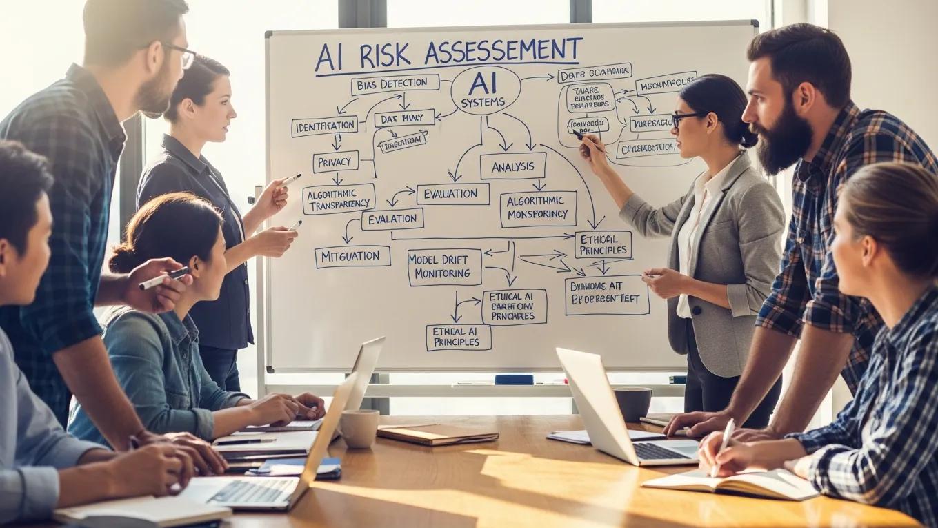 Team discussing risk management strategies for AI systems in a collaborative meeting