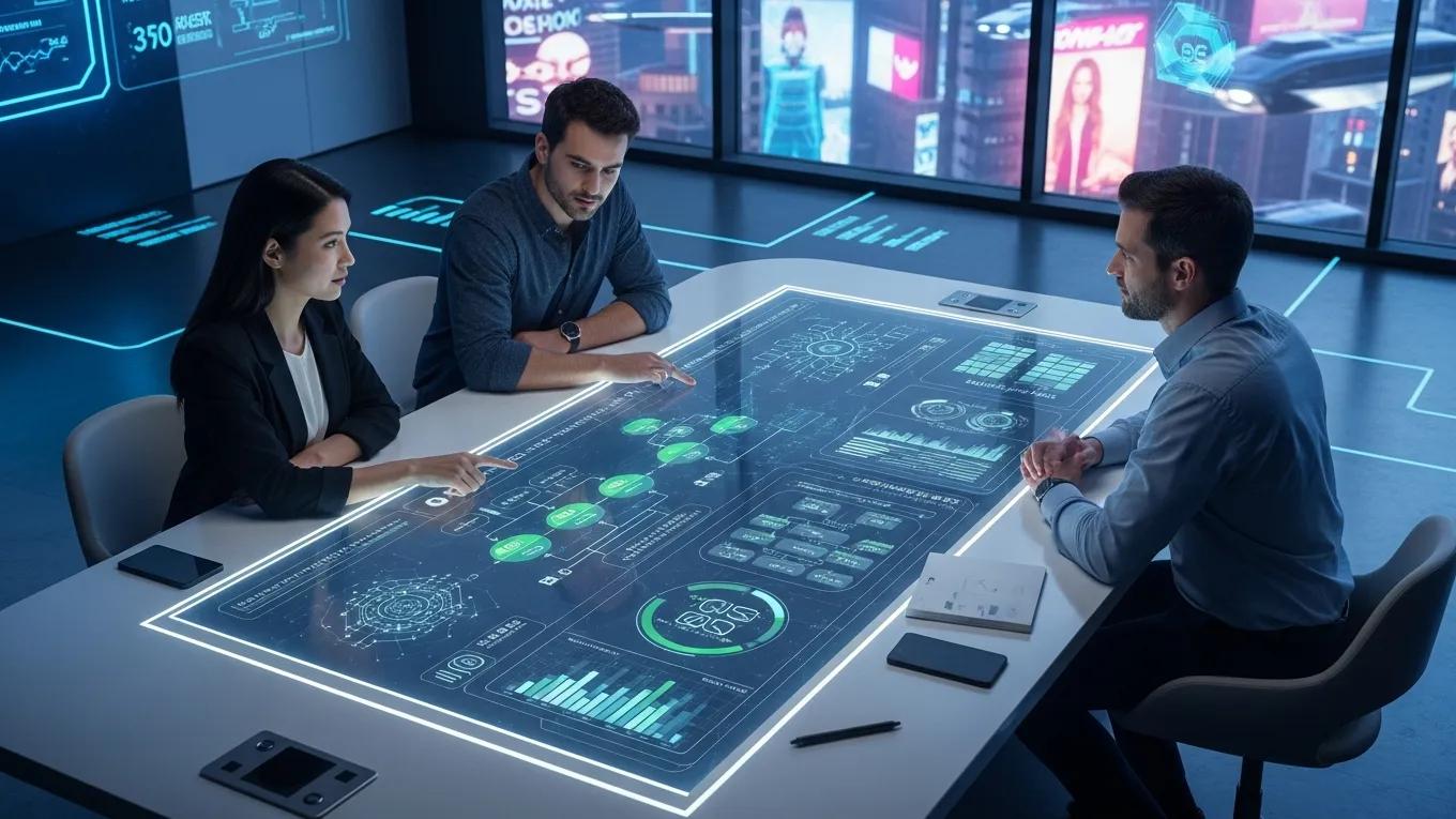 Team of professionals utilizing AI technology in a modern workspace for governance
