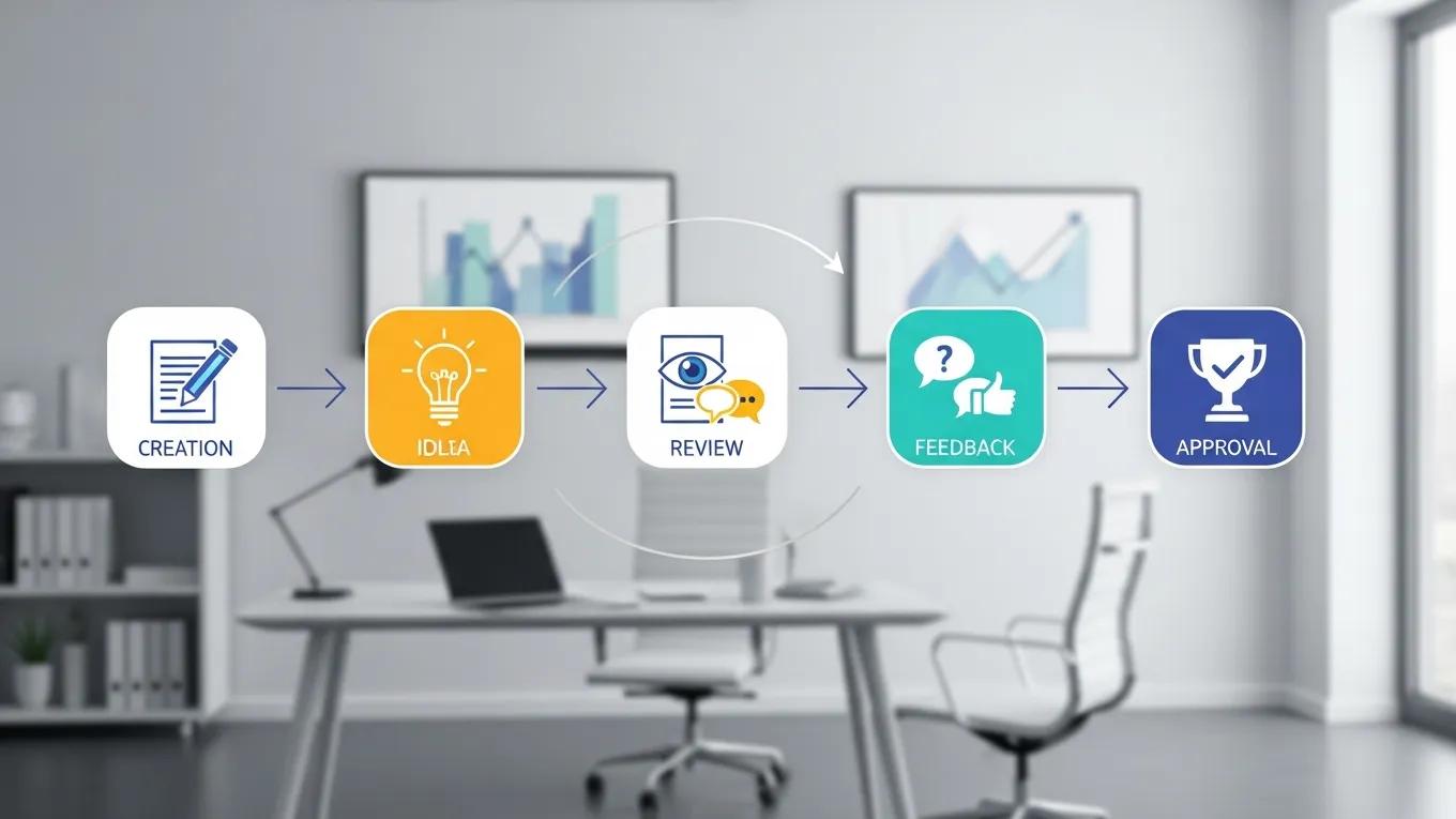 Visual representation of the content approval process steps in a modern office