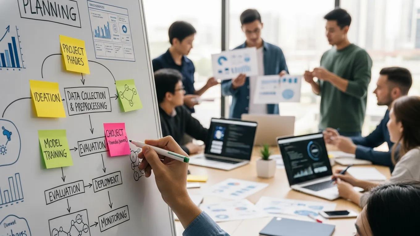 Whiteboard with planning and development stages of AI projects in a collaborative workspace