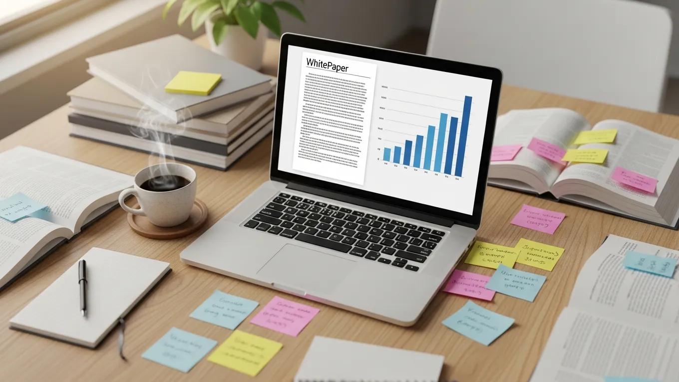 Workspace with a laptop displaying a whitepaper and research materials