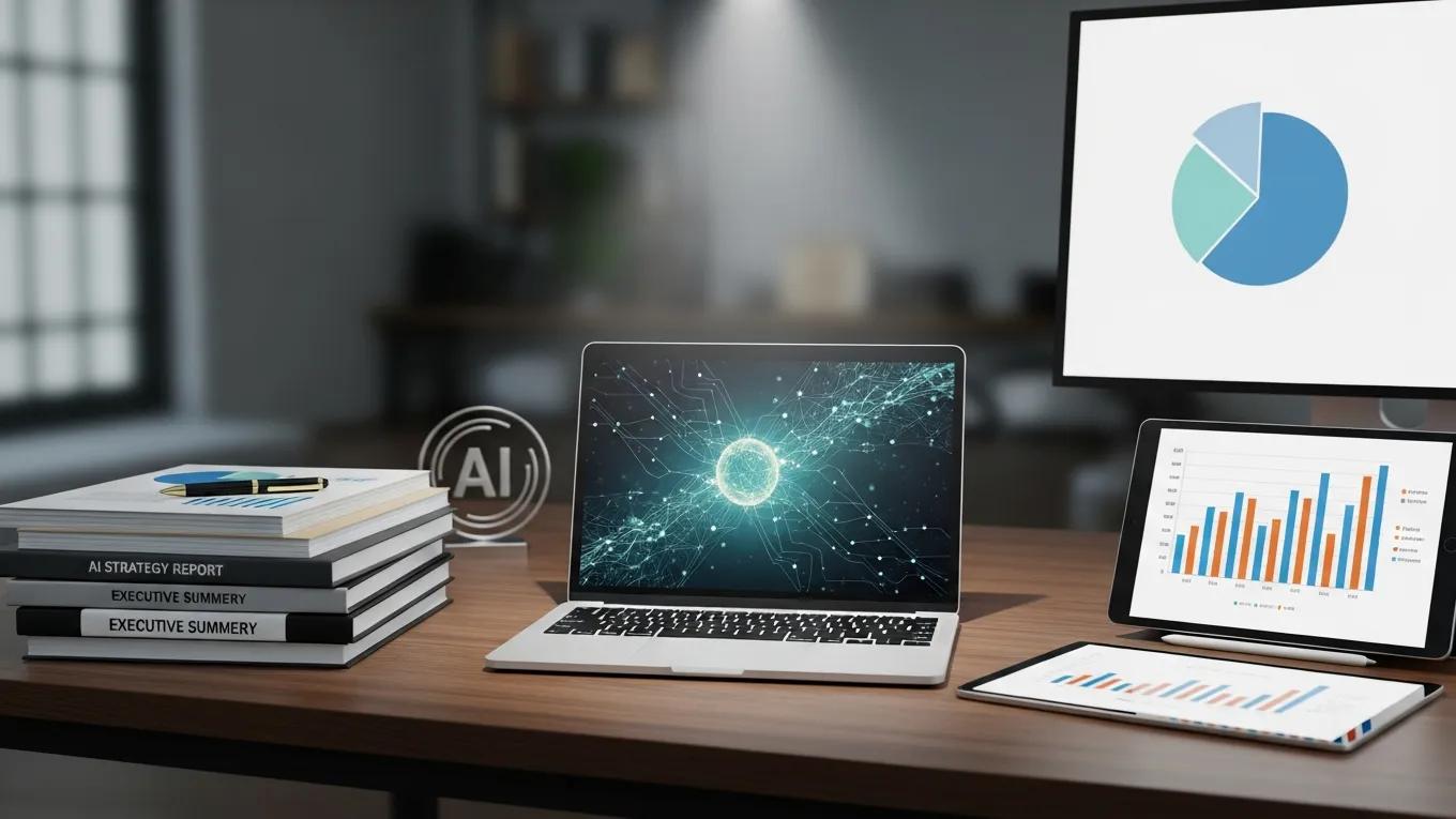 Workspace with documents and visual aids representing key components of effective AI executive briefings